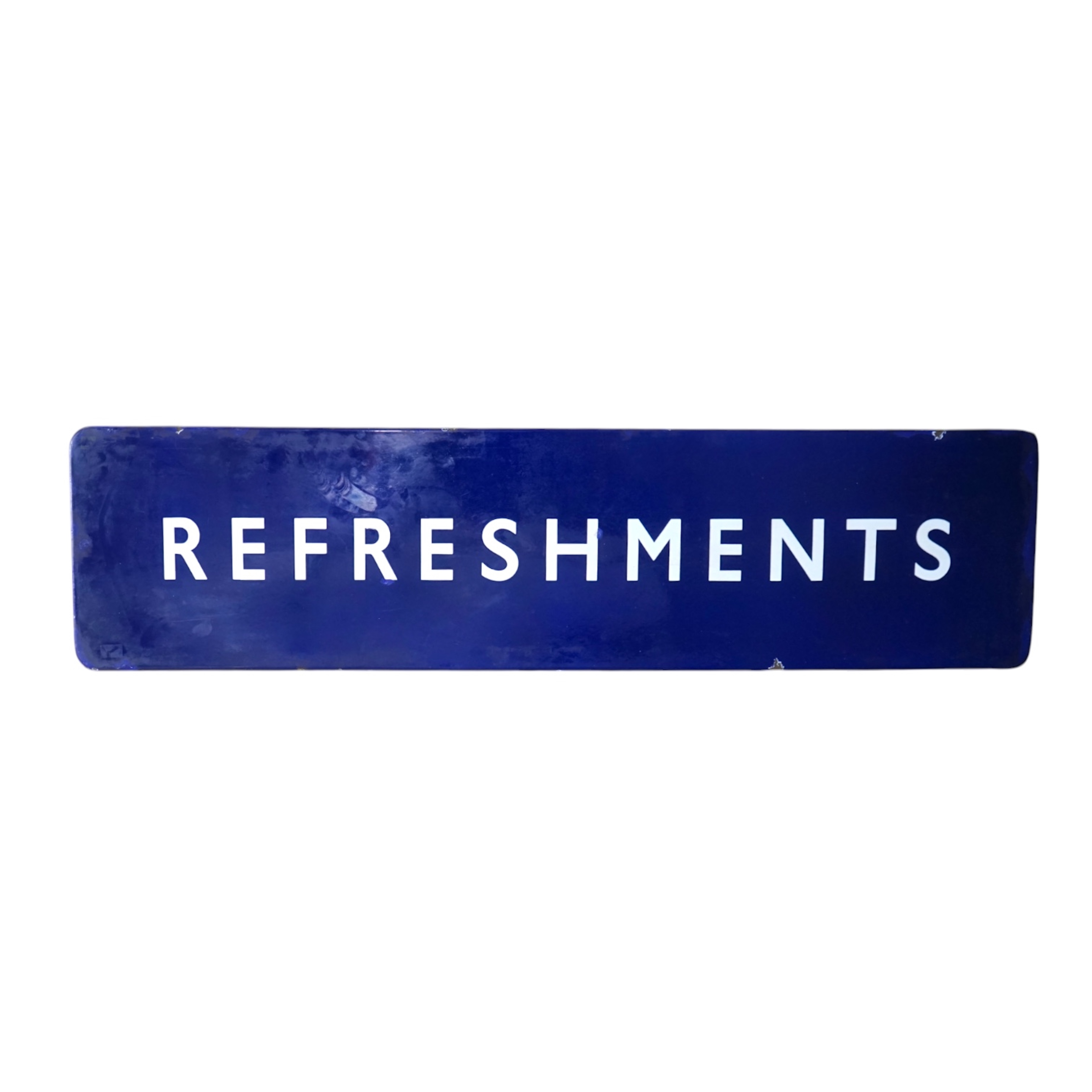 An enamelled British Railways Eastern Region, BR(E) refreshments sign, 122cm x 30.5cm. Condition - fair to good, some chipping to enamel round screw holes, etc.